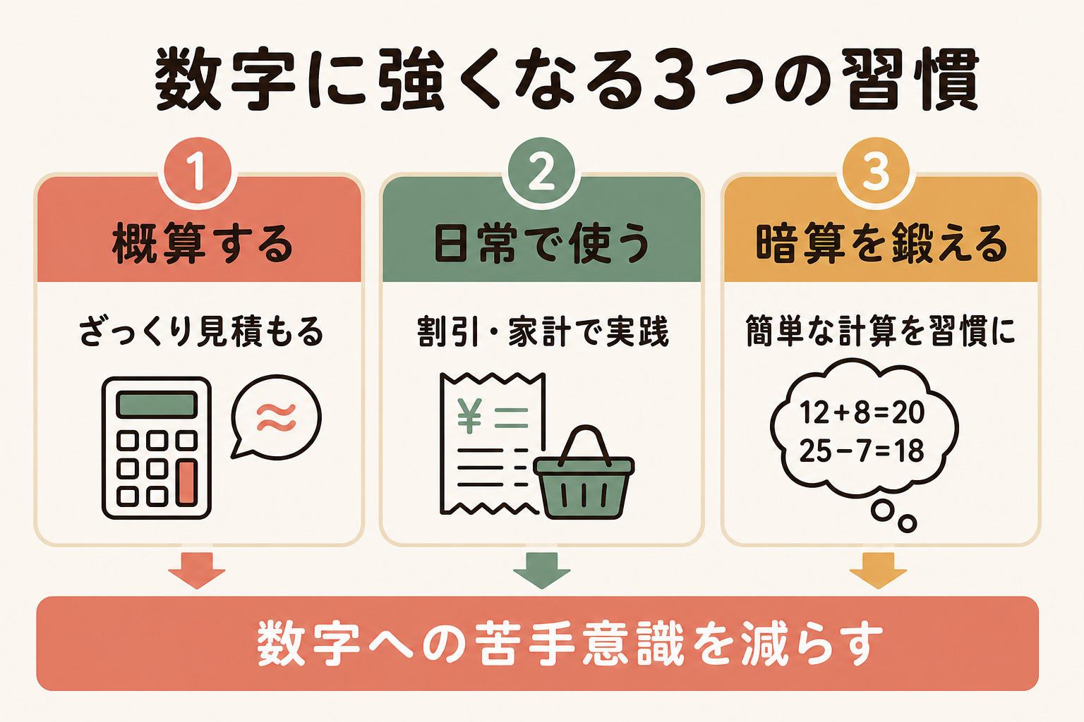 数字に強くなる3つの習慣を示した図解